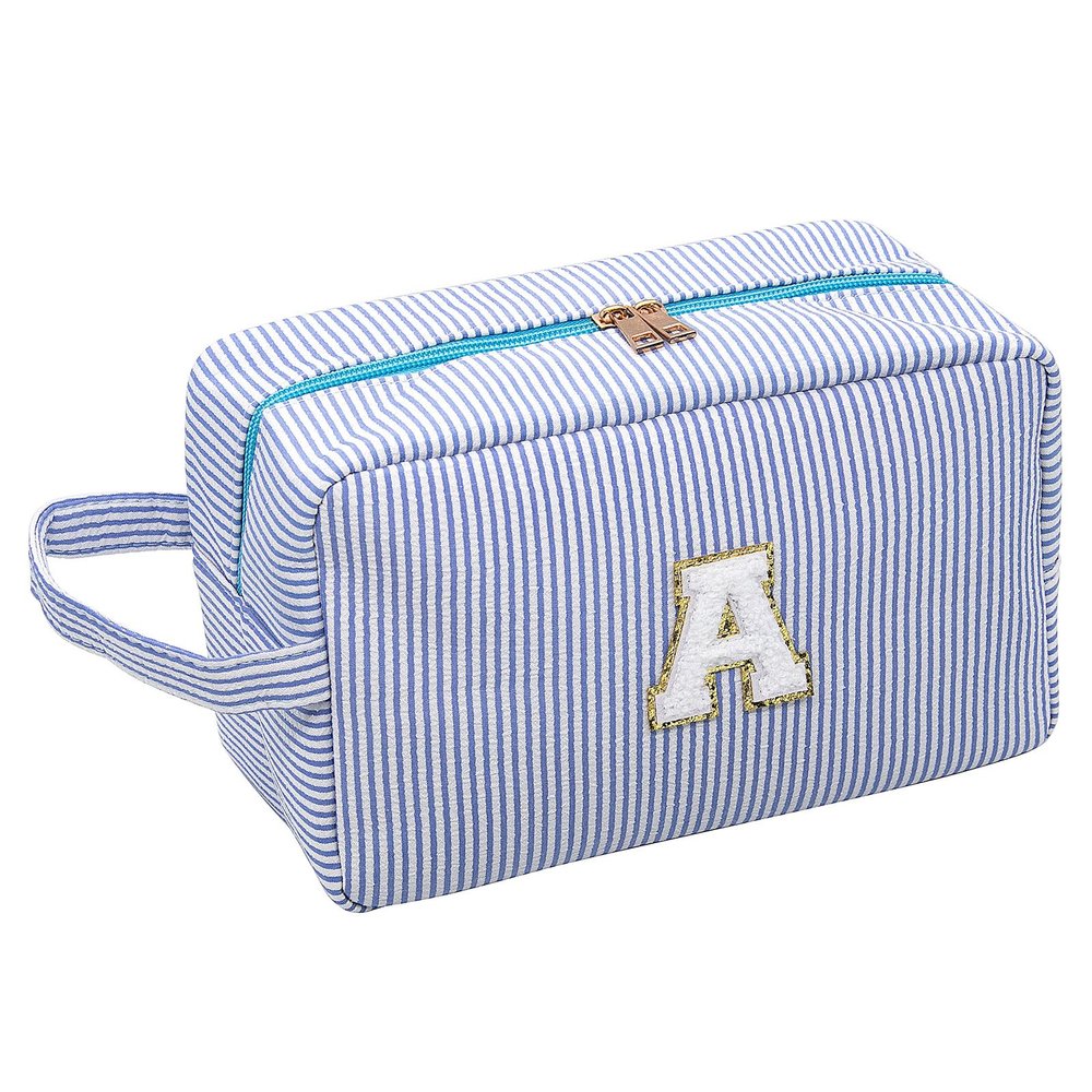 Long Keeper Cosmetic Bags - Women Chenille Letter Makeup Bag Travel Make Up Organizer Bag Toiletry Pouch with Handle Strap (Blue)