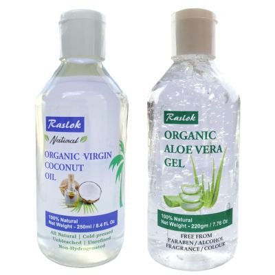 Raslok Aloe Vera Gel 100% Pure & Natural (7.76 OZ) + Raslok 100% Pure Coconut Oil (250ml) - Moisturizing, Hydrating & Nourishing for Skin & Hair Care, Paraben-Free, Sulfate-Free, Suitable for All Hair