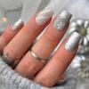 24Pcs Christmas Press on Nails Short Square Fake Nails Press ons Silver White Snowflakes Nail Tips Full Cover False Nails with Glitter light green Pattern Design Acrylic Nail Art for Xmas Decorations view 1