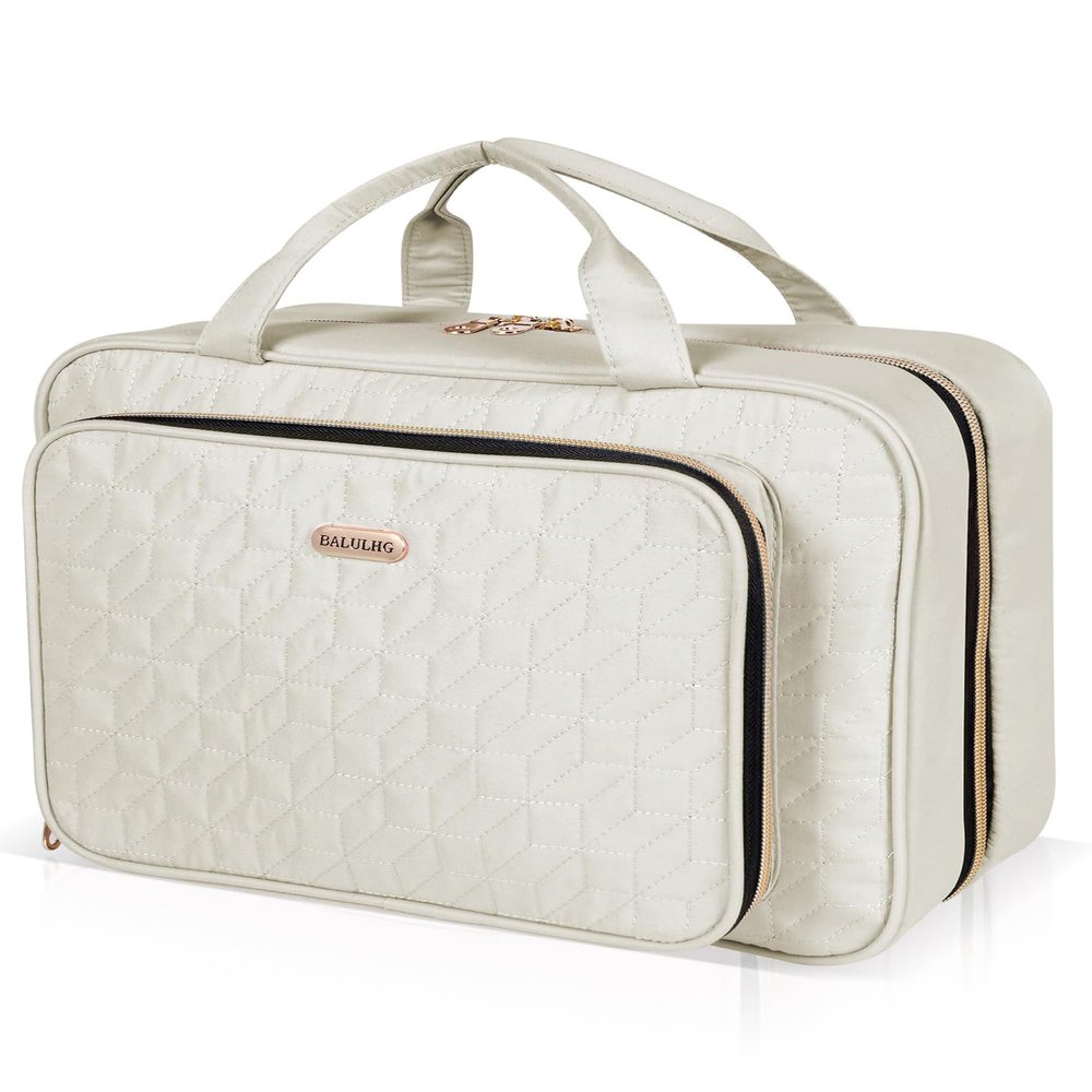 BALULHG Travel Hanging Toiletry Bag for Women,Makeup Bag Cosmetic Organizer Waterproof with Hanging Hook Multiple Pockets for Women Travel Essentials Beige