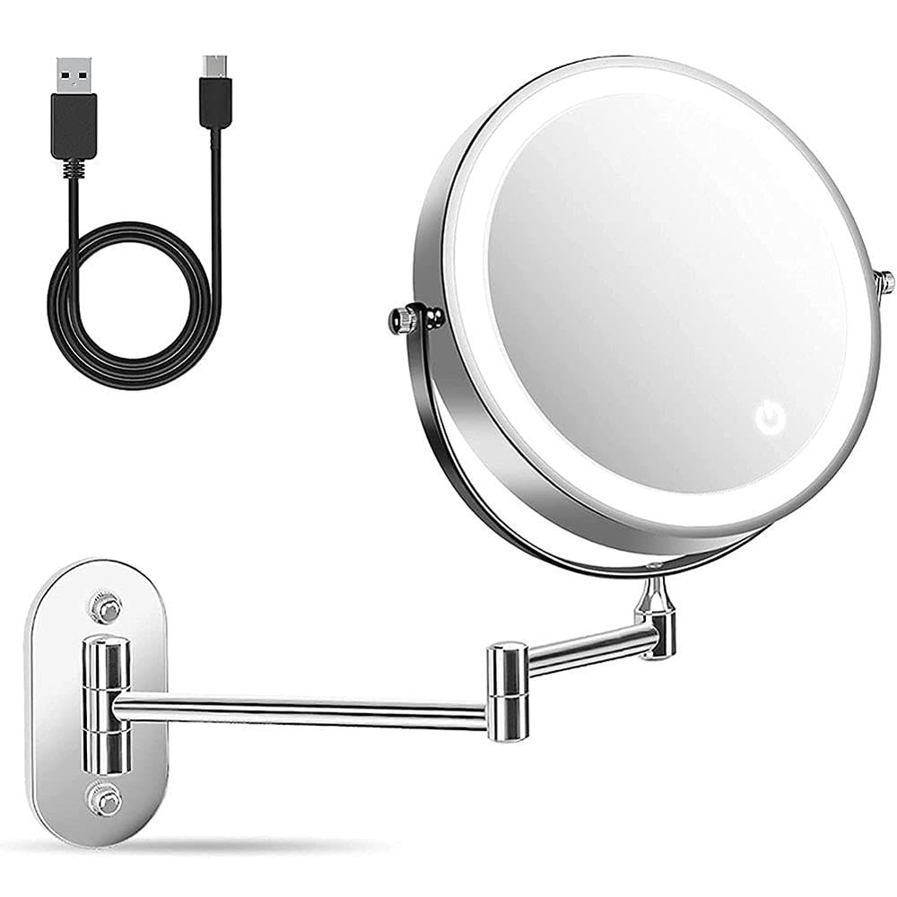 8" LED Wall Mounted Makeup Mirror 3 Color Mode USB Charge Touch Screen Adjustable Light Double Sided 1X/5X Magnifying Vanity Mirror Swivel Extendable for Bathroom Hotels