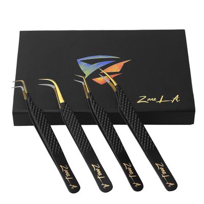 Zane L.A. Nano Fiber Tip Professional Eyelash Extension Tweezers, a pack of 4, Quality tweezers made with Japanese Stainless Steel, FREE Eyelash Separator. (Black)