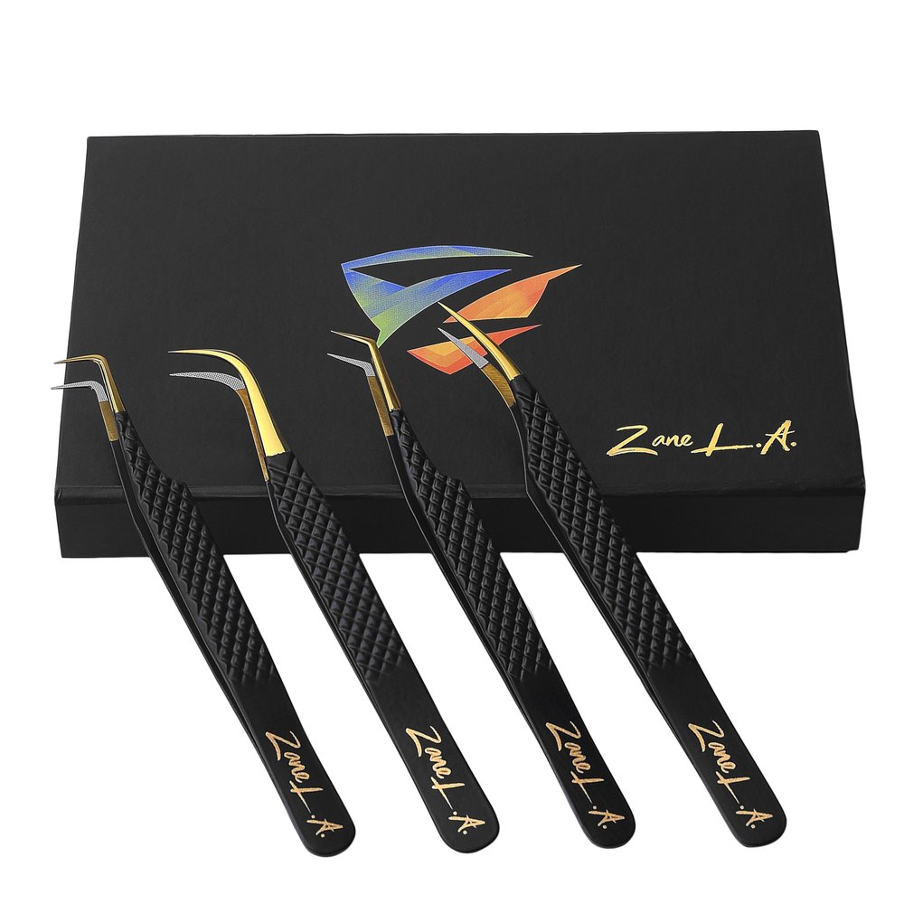Zane L.A. Nano Fiber Tip Professional Eyelash Extension Tweezers, a pack of 4, Quality tweezers made with Japanese Stainless Steel, FREE Eyelash Separator. (Black)