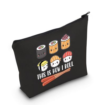 POFULL Sushi Lover Gift This Is How I Roll Cosmetic Bag Sushi Party Gift Japanese Cuisine Sushi Lover Gift (Black Sushi Bag)