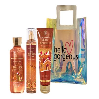 Bath & Body Works - Jolly Gingerbread Village - 3 Piece Bundle - Spray - Body Cream - Shower Gel - Full Size and Hello Gorgeous Gift Bag.