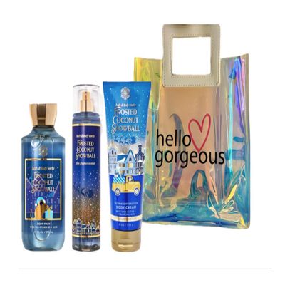 Bath & Body Works -Frosted Coconut Snowball - 3 Piece Bundle - Spray - Body Cream - Shower Gel - Full Size and Hello Gorgeous Gift Bag.