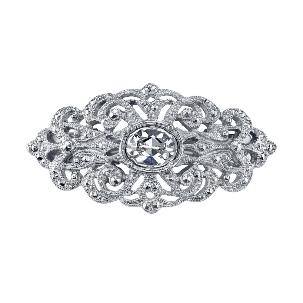 1928 Bridal Filigree Austrian Oval Crystal 1.89 Inch Hair Barrette Clip For Women, (1 Pcs)