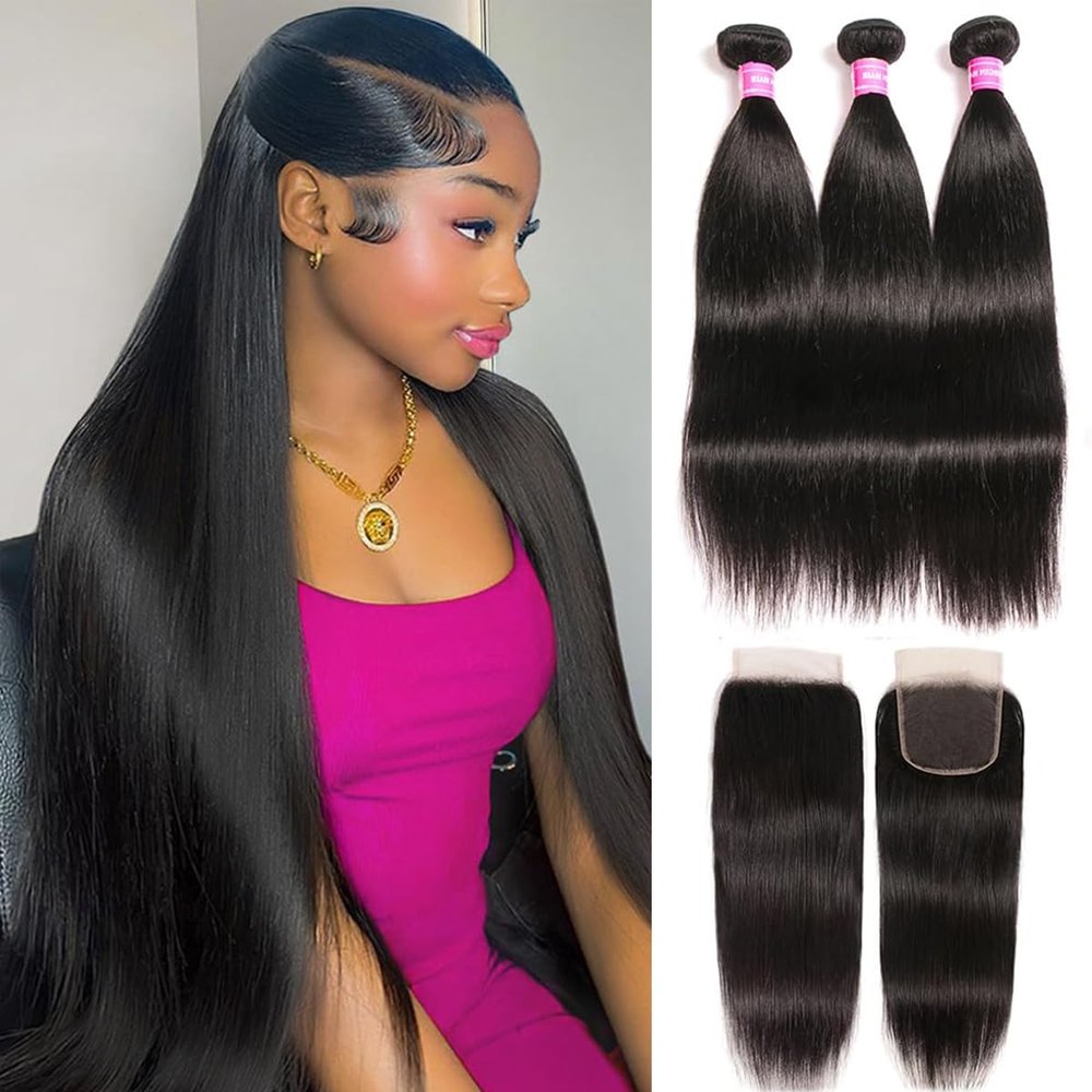 10A Straight Bundles with Closure for Black Women Human Hair Bundles 100% Unprocessed Brazilian Virgin Human Hair 3 Bundles with 4X4 Lace Closure Free Part Natural Color22 24 26+20