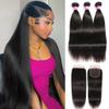 10A Straight Bundles with Closure for Black Women Human Hair Bundles 100% Unprocessed Brazilian Virgin Human Hair 3 Bundles with 4X4 Lace Closure Free Part Natural Color22 24 26+20 view 1