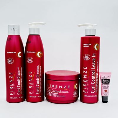 Firenze Professional Curl Control Shampoo 10.1 oz, Conditioner 10.1 oz, Leave-in Cream 10.1 & Mask Treatment13.5 oz- m- Free Starry Lip Plumping Gloss 10ml