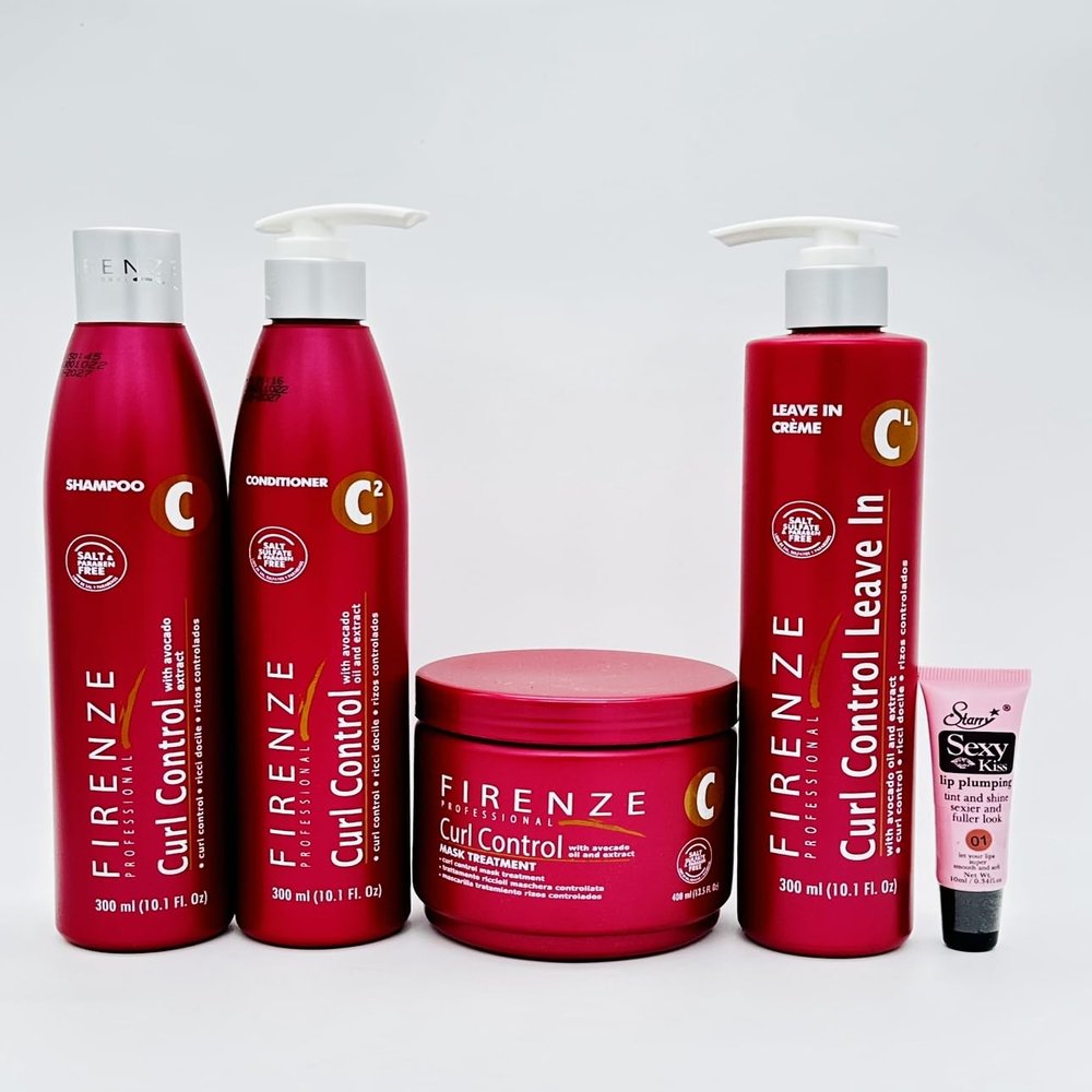 Firenze Professional Curl Control Shampoo 10.1 oz, Conditioner 10.1 oz, Leave-in Cream 10.1 & Mask Treatment13.5 oz- m- Free Starry Lip Plumping Gloss 10ml