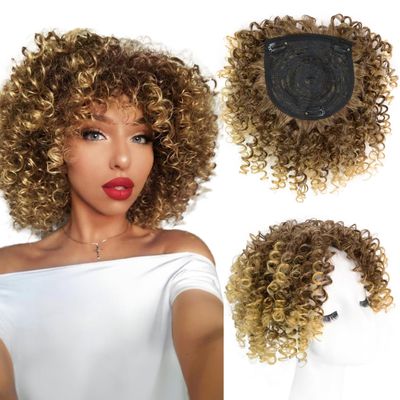 Adancyler Natural Afro Kinky Curly Short Hair Toppers with Bangs Black Clip in Synthetic Wiglets Hair Pieces for Men and Women with Thinning Hair Instant Volume and Style(T27/33#)