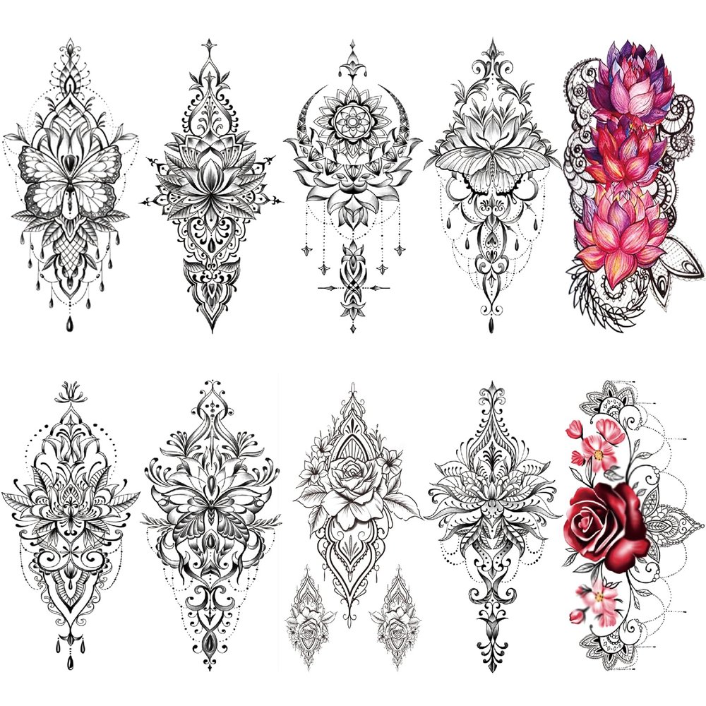 10 Sheet Sexy Lotus Flower Realistic Temporary Tattoos for Women Arm Thigh, Large Floral Indian Tribal Bohemia Butterfly Fake Tattoo Sticker Adult Girl, Mandala Temp Tatoo Leg Breast Chest Body Art