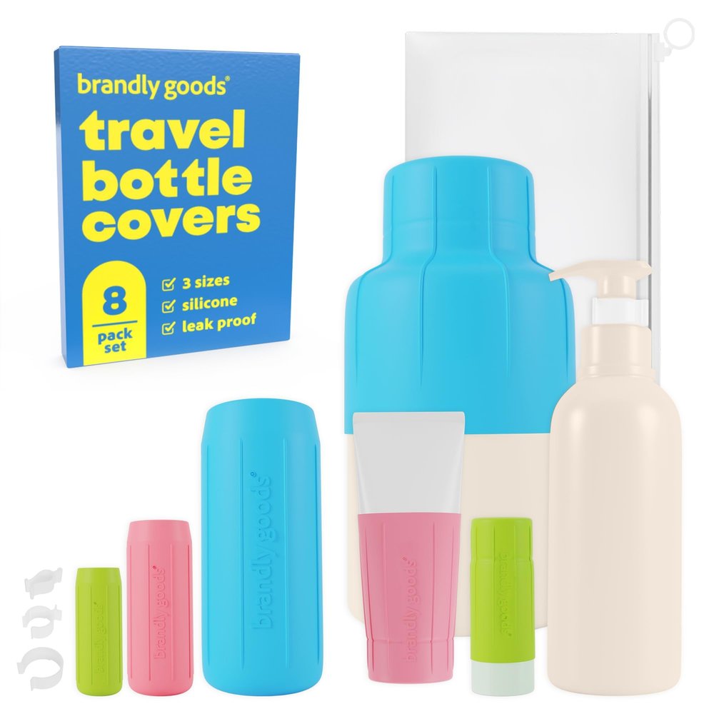 Brandly Goods Multi-Size Silicone Bottle Covers for Travel  Leak-Proof Stretchable Sleeves & Safety Clip Locks, Silicone Covers for Travel Toiletries, Bottle Sleeves for Traveling Essentials