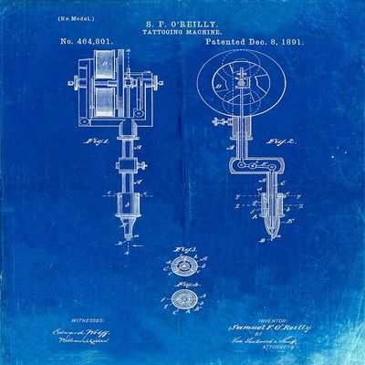 PP308-Faded Blueprint Tattooing Machine Patent Poster Poster Print - Cole Borders (18 x 24)