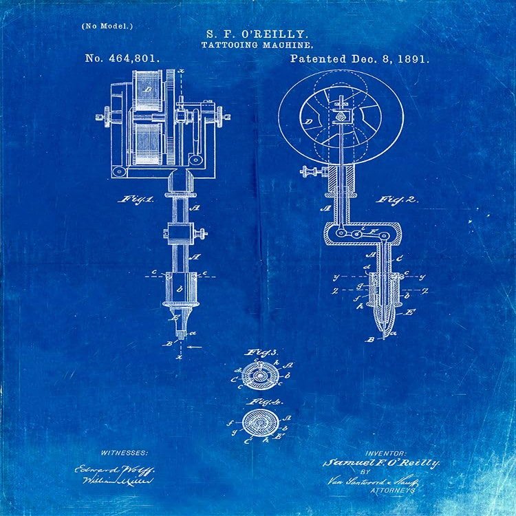 PP308-Faded Blueprint Tattooing Machine Patent Poster Poster Print - Cole Borders (18 x 24)