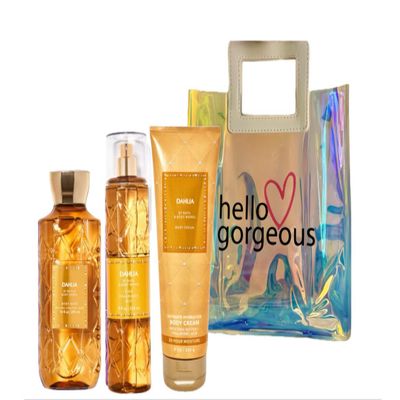 Bath & Body Works - Dahlia - 3 Piece Bundle - Spray - Body Cream - Shower Gel - Full Size and Hello Gorgeous Gift Bag.