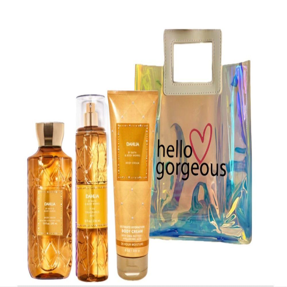 Bath & Body Works - Dahlia - 3 Piece Bundle - Spray - Body Cream - Shower Gel - Full Size and Hello Gorgeous Gift Bag.