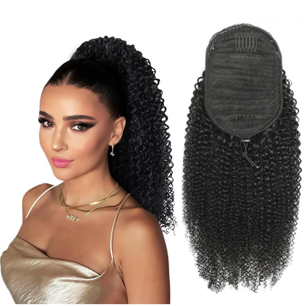 Kiss darling LASHES Afro Kinky Curly Ponytail Extensions Human Hair Wrap Drawstring Adjustable Clip In Pony Tail 4C Afro Curl Natural Black 1B Ponytail Human Hair Extensions 16" inch 110grams
