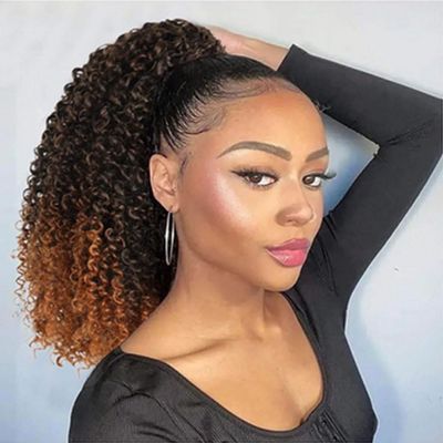 3 Tone 1b/4/30 Afro Kinky Curly Human Hair Drawstring Ponytail Extension 20inch 110grams 4C Curly Clip ins Ponytail Hairpiece for Women Black to Medium Brown to Light Auburn