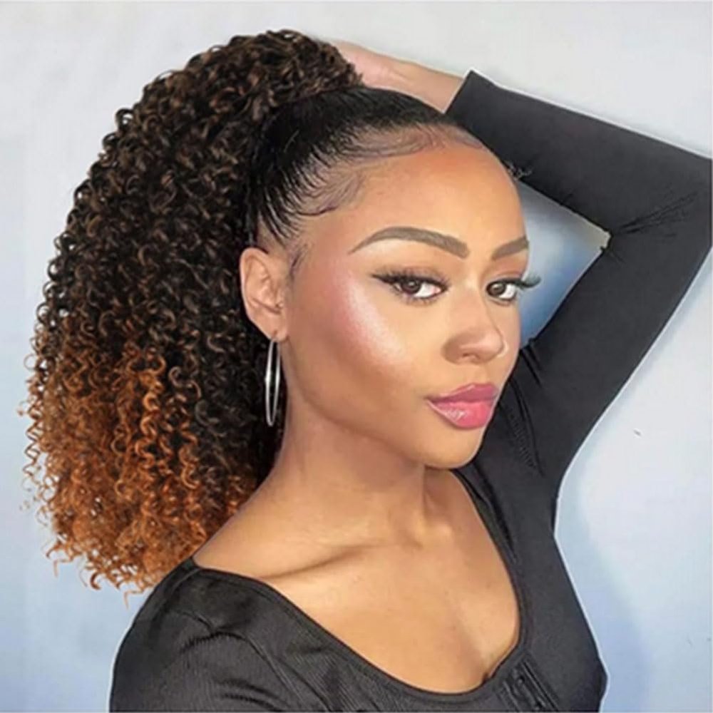 3 Tone 1b/4/30 Afro Kinky Curly Human Hair Drawstring Ponytail Extension 20inch 110grams 4C Curly Clip ins Ponytail Hairpiece for Women Black to Medium Brown to Light Auburn