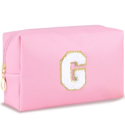 URSKYTOUS Initial Makeup Bag Personalized Preppy Travel Small Cosmetic Bag Cute PU Pink Chenille Letter Makeup Pouch for Purse Waterproof Zippered Toiletry Organizer for Women Girls Kids Friends (G)