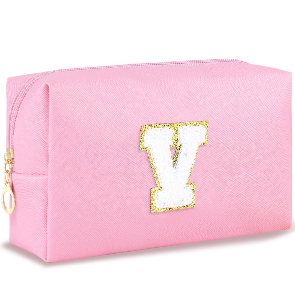 URSKYTOUS Initial Makeup Bag Personalized Preppy Travel Small Cosmetic Bag Cute PU Pink Chenille Letter Makeup Pouch for Purse Waterproof Zippered Toiletry Organizer for Women Girls Kids Friends (V)