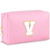 URSKYTOUS Initial Makeup Bag Personalized Preppy Travel Small Cosmetic Bag Cute PU Pink Chenille Letter Makeup Pouch for Purse Waterproof Zippered Toiletry Organizer for Women Girls Kids Friends (V) view 1