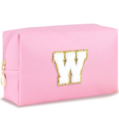 URSKYTOUS Initial Makeup Bag Personalized Preppy Travel Small Cosmetic Bag Cute PU Pink Chenille Letter Makeup Pouch for Purse Waterproof Zippered Toiletry Organizer for Women Girls Kids Friends (W)