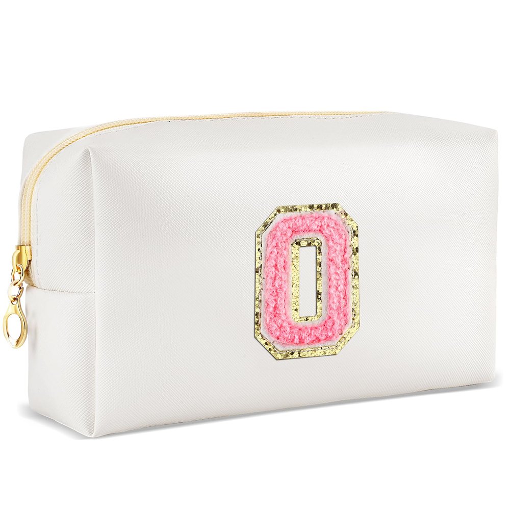 URSKYTOUS Initial Makeup Bag Personalized Preppy Travel Small Cosmetic Bag Cute PU White Chenille Letter Makeup Pouch for Purse Waterproof Zippered Toiletry Organizer for Women Girls Kids Friends (O)