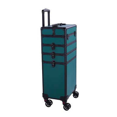 4-in-1 Green Rolling Makeup Train Case, Draw-bar Style Interchangeable Aluminum Rolling Makeup Case-Dark Green (13.78 x 9.84 x 29.53) (L x W x H)