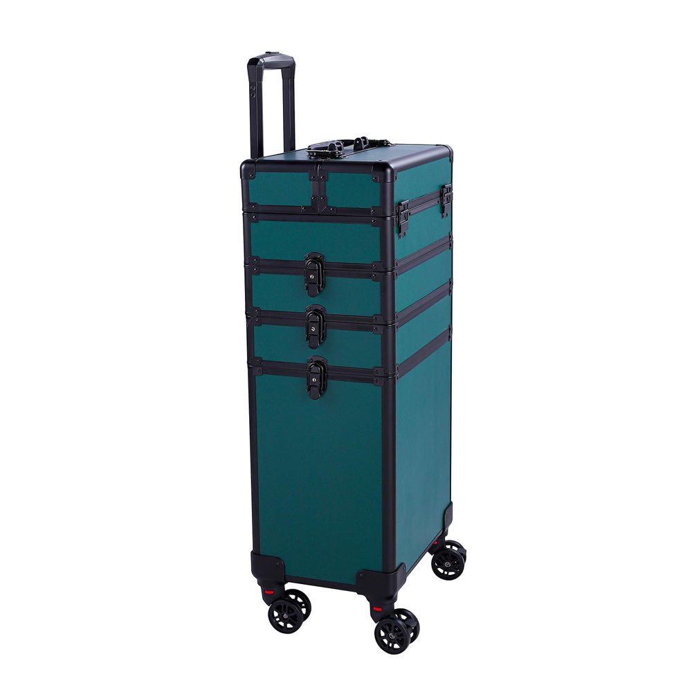 4-in-1 Green Rolling Makeup Train Case, Draw-bar Style Interchangeable Aluminum Rolling Makeup Case-Dark Green (13.78 x 9.84 x 29.53) (L x W x H)