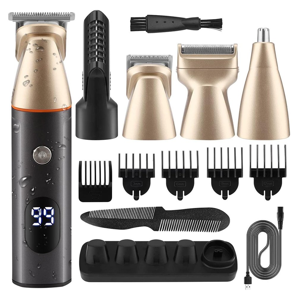 BAHREL Beard Trimmer for Men, All in One Mens Beard Grooming Kit, IPX7 Washable Mustache Nose Hair Trimmer, Foil Trimmer & Body Shaver, Electric Razor for Men Gifts (Color : Gold)