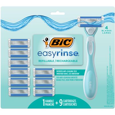 BIC EasyRinse Anti-Clogging, Refillable Women's Razors With 4 Blades, 1 Handle and 9 Refill Razor Cartridges Razor Kit