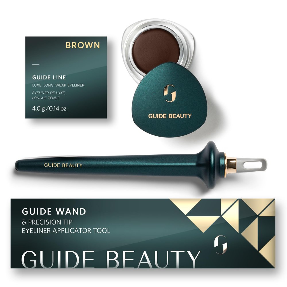 Guide Beauty Eyeliner Duo, GUIDE Wand & Line Luxe/Long-Wear Eyeliner Cream (Brown), Multi-Purpose Make-Up Application Tool, Universal Design for Easy Eye & Lip Liner