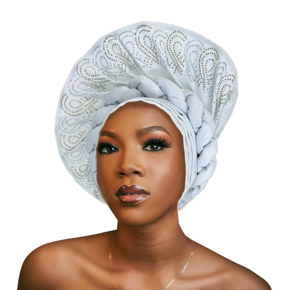 QliHut Fashion Asoke Gele Headties Nigerian For Women, Auto Gele Headties African Aso Oke Headgear For Wedding Party (White)