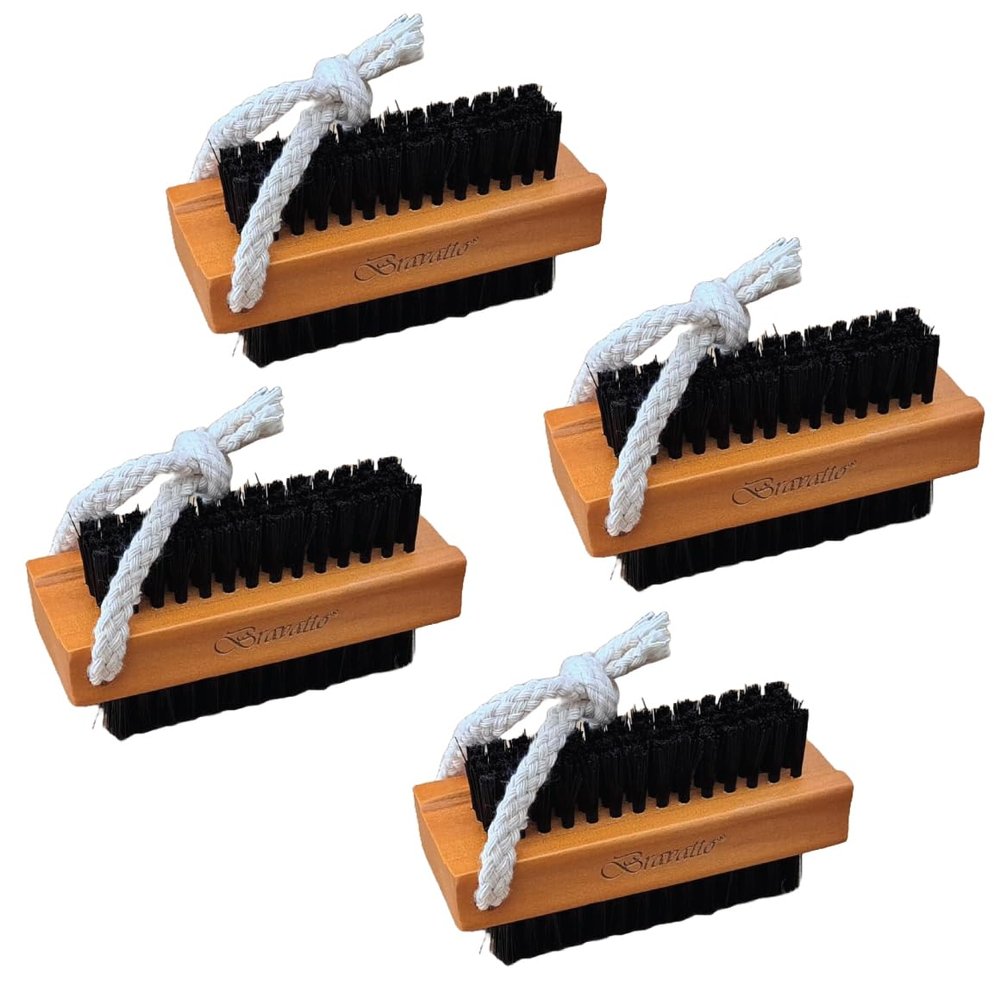 Bravatto Wooden Fingernail Brush with Nylon Charcoal Bristles & Hanging Rope. Finger Nail Cleaning Scrub Brush for Women and Men. Scrubbing Under Nails, Hands, and Toes. (4-Pack).