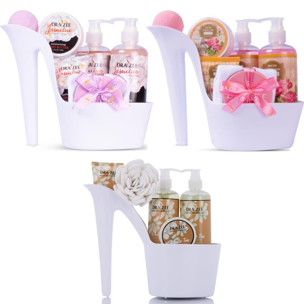 Draizee Heel Spa Basket For Women - Rose, Jasmine, White Tea Scented 22 Pcs Bath Essentials Baskets with Shower Gel, Bubble Bath, Body Butter & Lotion and More