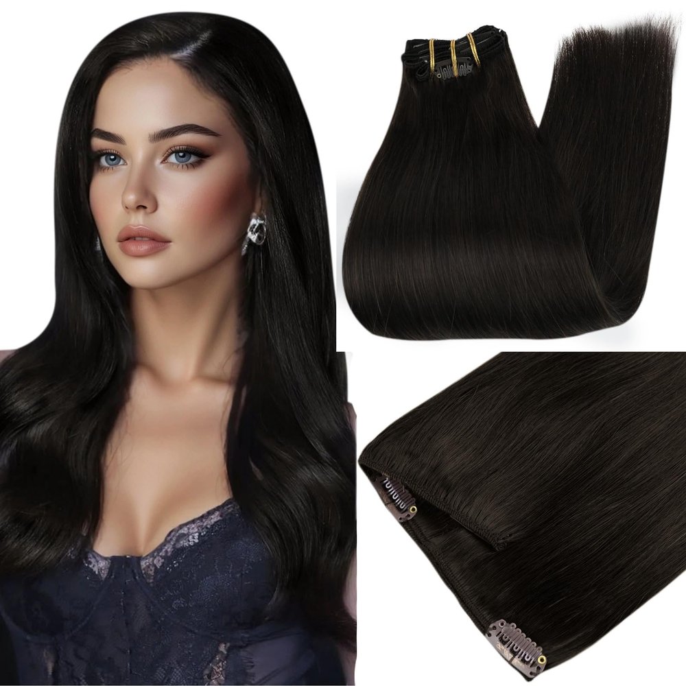 Full Shine Clip in Hair Extensions Human Hair Black 24 Inch Clip in Extensions Real Human Hair for Volume Full Head Triple Weft 7 Pcs 150 G