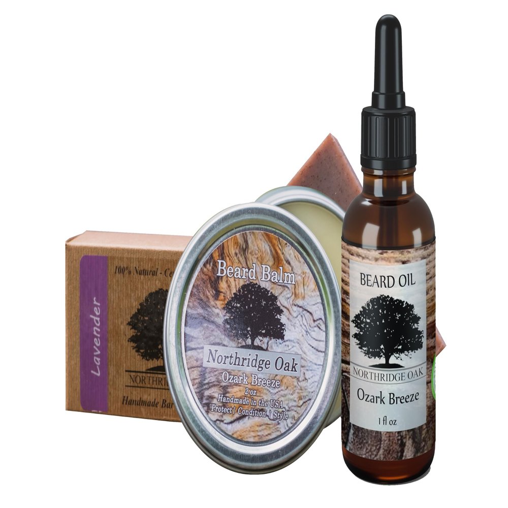 Northridge Oak Beard Oil and Balm Set w/Organic Beard Soap - 5 Different Scents to Choose From. Keep your Beard Clean, Soft and Healthy (Ozark Breeze - Scented with Pure Lavender Oil)
