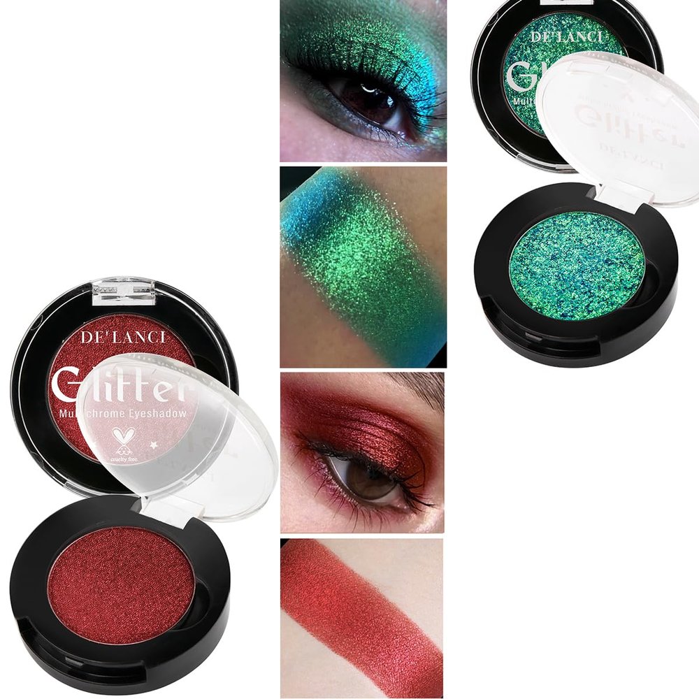 Afflano Multichrome Green Red Eyeshadow 2Pcs., Highly Pigmented Multichrome Eyeshadow Palette, Color Changing Forest Green Glitter Eyeshadow, Dark Red Makeup Eye Shadow, Multi-Dimensional Eyes Look