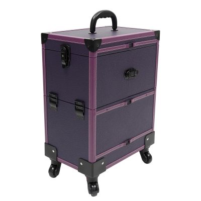 BANLICALI 7-Compartment Rolling Makeup Train Case with 4 Wheel, Mirror and Retractable Handle, Free Standing Cosmetics Storage Organizer for Salons Homes Parties Load 50kg (Purple)