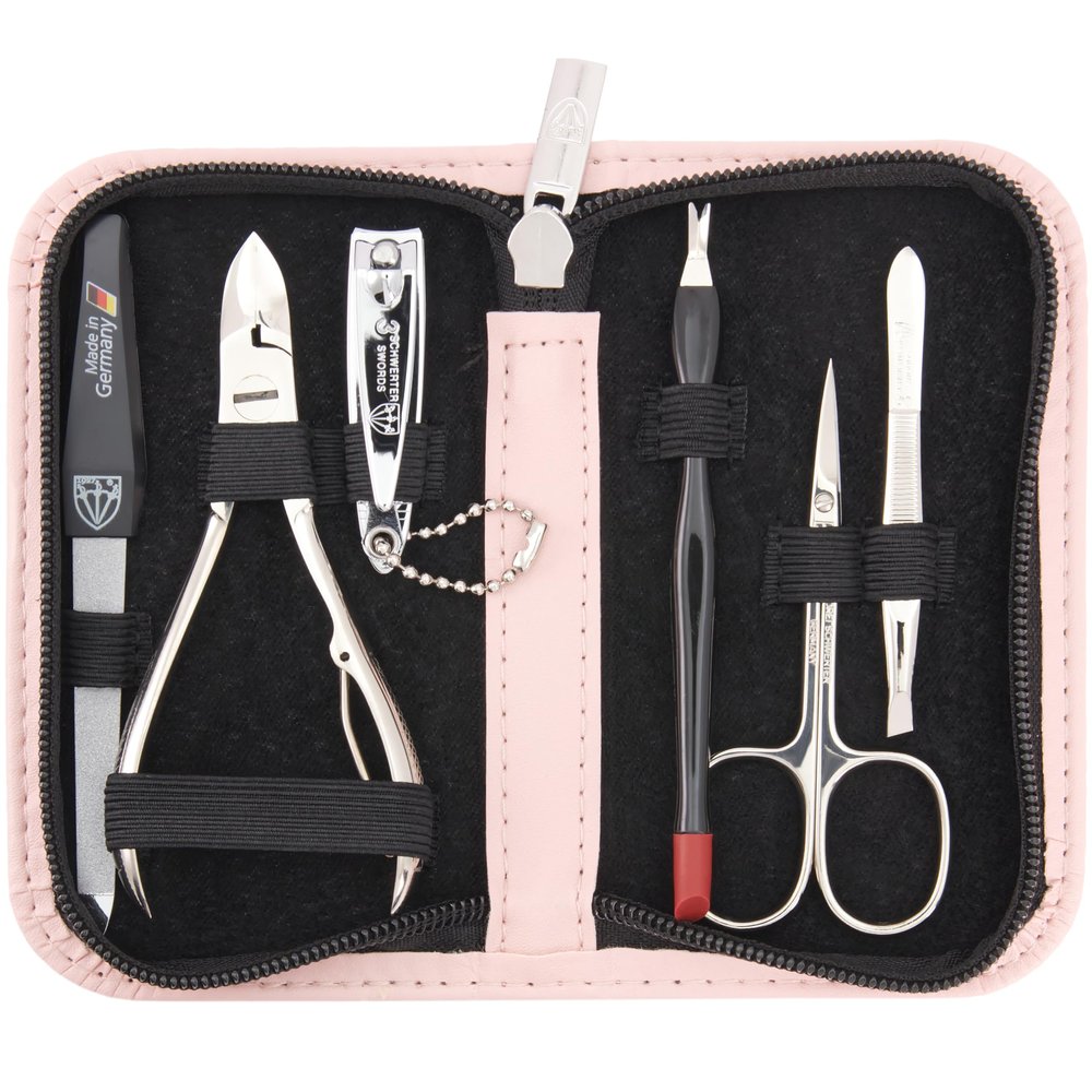 3 Swords Germany - brand quality 6 piece manicure pedicure grooming kit set fashion leather case light pink, Made in Germany