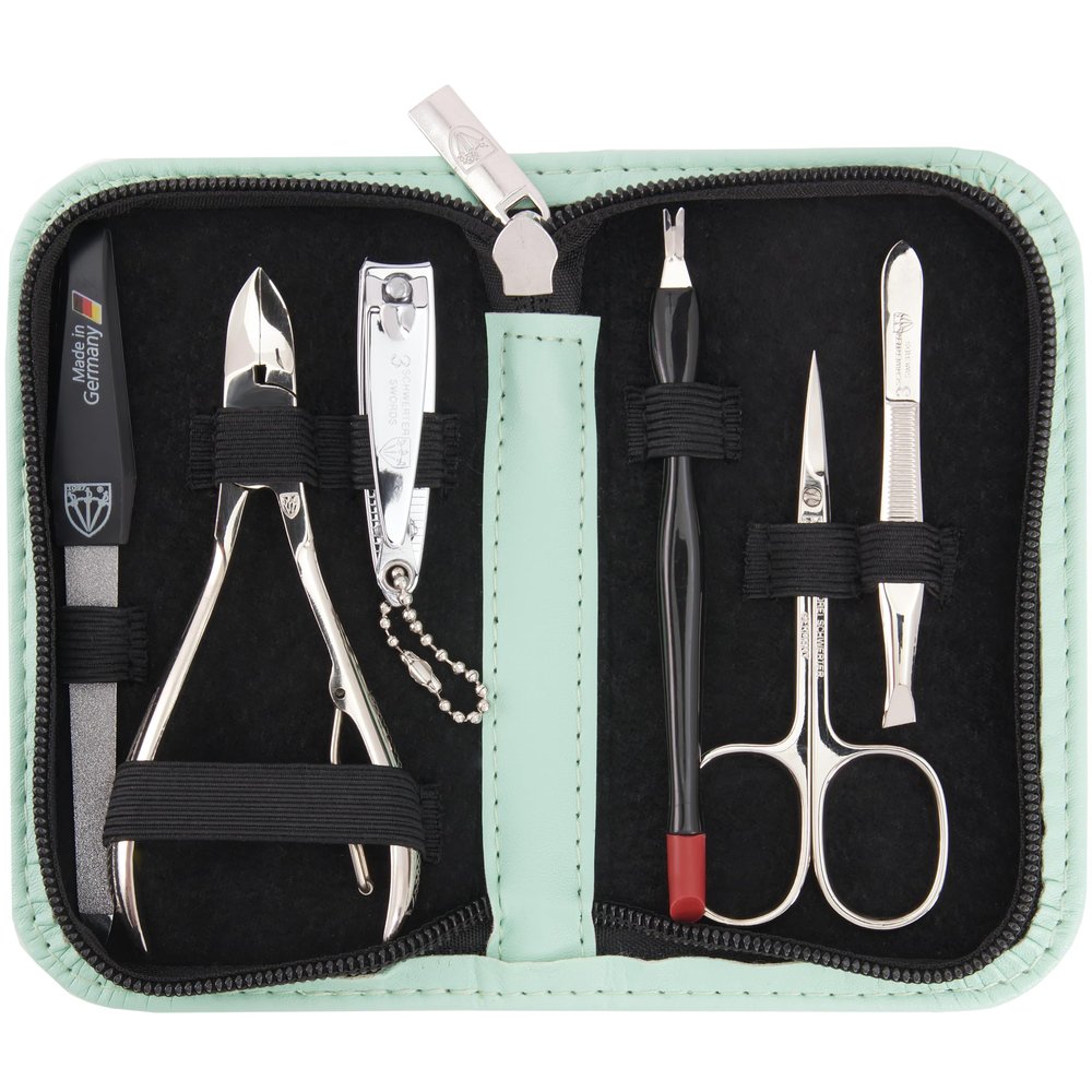 3 Swords Germany - brand quality 6 piece manicure pedicure grooming kit set fashion leather case mint, Made in Germany