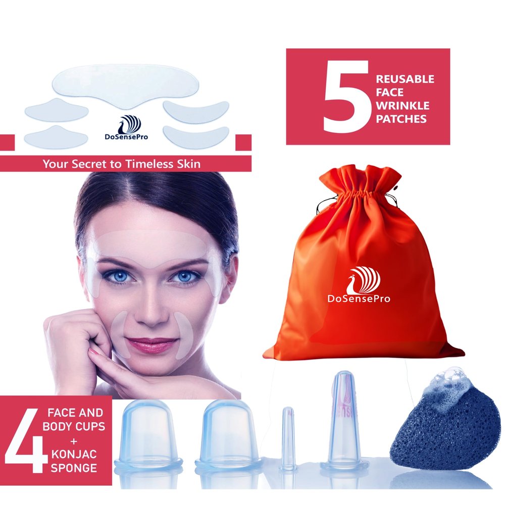 Cupping Set, Konjac Sponge, Anti-Wrinkle Face Patches for Radiant Skin - DoSensePro Complete Care Bundle