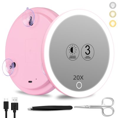 20x Lighted Magnifying Mirror with Suction Cups, Large 6'' Magnified Mirror with Light High Magnification Travel Makeup Mirror, Rechargeable Battery, 3 Colors Dimming Light, with Tweezers &Scissors