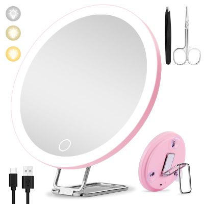 10x Magnifying Mirror with Light Large 6'' Lighted 10x Magnified Mirror with Suction Cups & Table Stand, 3 Color Modes Dimming High Magnification Travel Makeup Mirror with Tweezers & Scissors