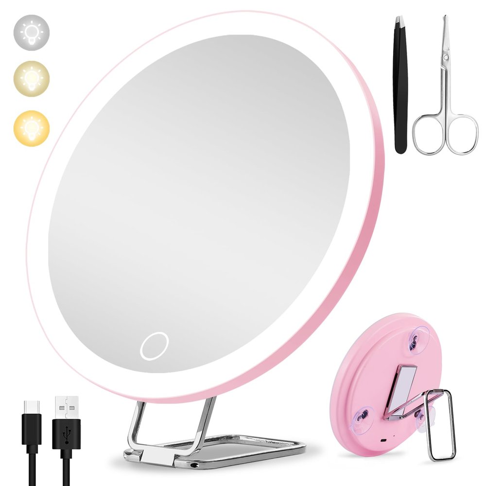 10x Magnifying Mirror with Light Large 6'' Lighted 10x Magnified Mirror with Suction Cups & Table Stand, 3 Color Modes Dimming High Magnification Travel Makeup Mirror with Tweezers & Scissors