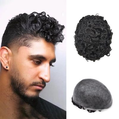 Afro Toupee For Black Men 100% Human Hair Man Weave Hair Units Afro Kinky Curly Hair Pieces African American Hair System Afro Men Toupee Full Transparent Poly Base Hair Pieces For Black Men