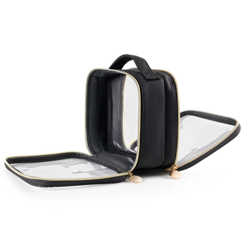 Yarnic Clear Travel Makeup Bag Transparent Portable Toiletry Bags Two Compartments Cosmetic Bag with Handle Nylon and PVC Makeup Organizer Pouch Black